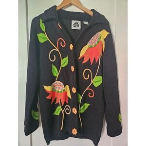 Storybook Knits Women's Black Floral Embroidered Knit Cardigan Sweater Size M